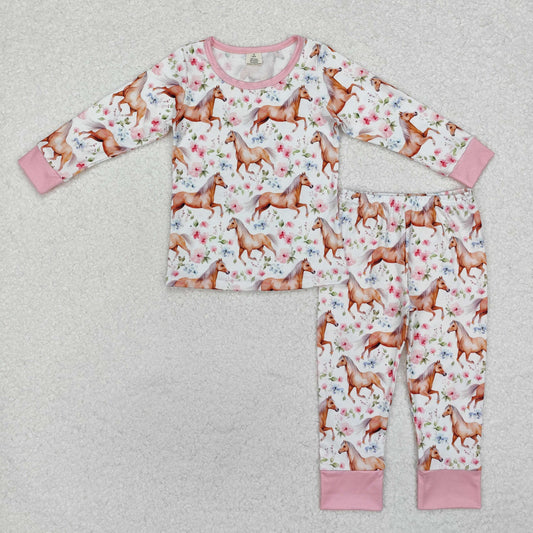 GLP1831 Baby Girls Western Horse Shirt Pants Bamboo Pajamas Clothes Set