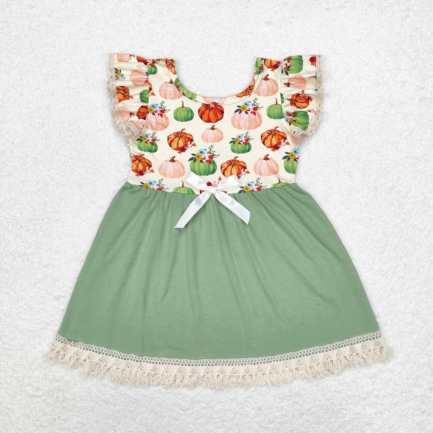 GSD1326 Pumpkin flower lace lace green flying sleeve dress