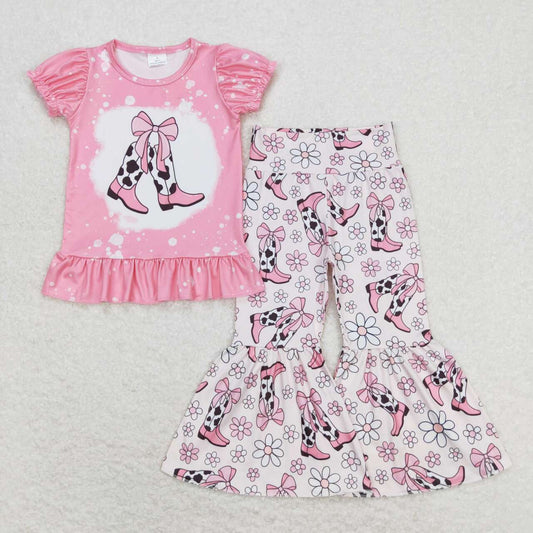 GSPO1443 Bow boots pink short sleeve floral pantsuit