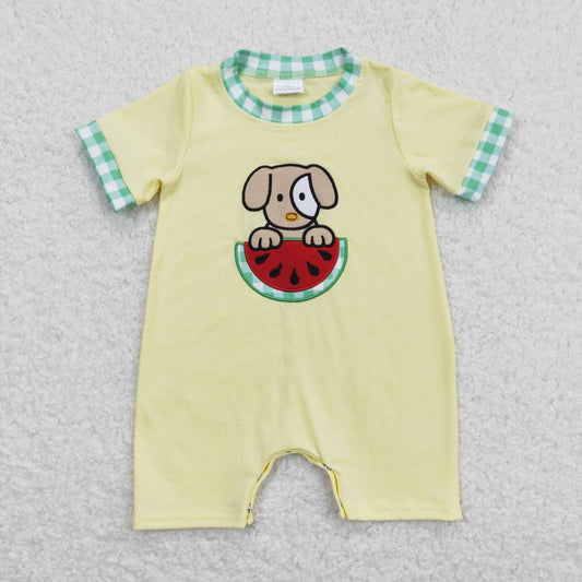SR0788 Embroidered watermelon puppy yellow short sleeve onesie