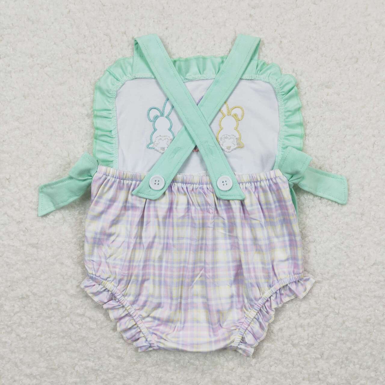 SR0543 Embroidery Three colorful bunny green bow lace purple-yellow checked vest onesie