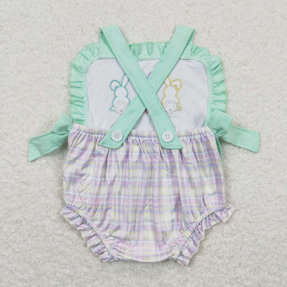 SR0543 Embroidery Three colorful bunny green bow lace purple-yellow checked vest onesie