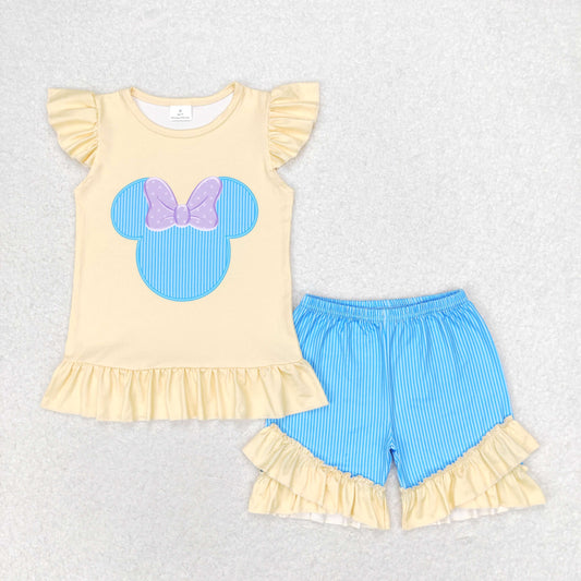 GSSO1159 Girl Cartoon Mouse Bow yellow flying sleeves blue striped shorts suit