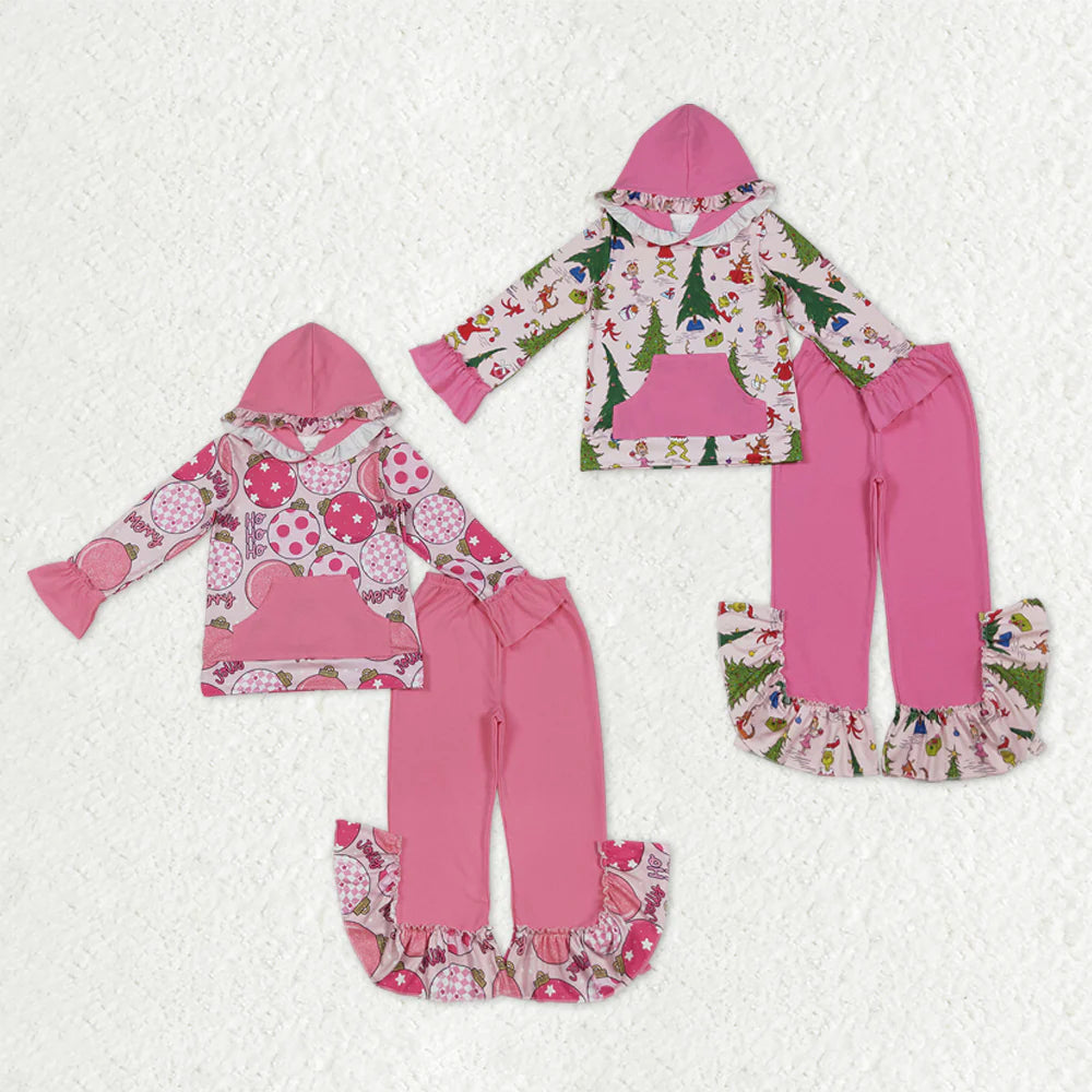 Sibling Baby Girls Pink Lights Grin Plaid Pocket Hoodies Ruffle Bell Pants Christmas Clothes Sets C10.25