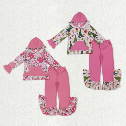Sibling Baby Girls Pink Lights Grin Plaid Pocket Hoodies Ruffle Bell Pants Christmas Clothes Sets C10.25
