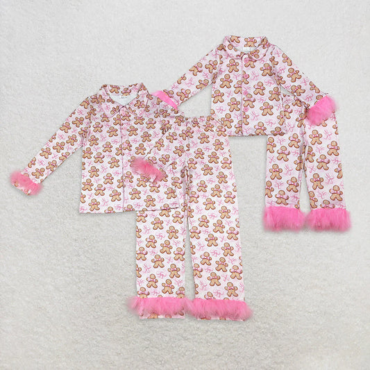 Mama and Me Pink Bows Gingerbread Button Top Pants Christmas Fur Pajamas Sets C10.25