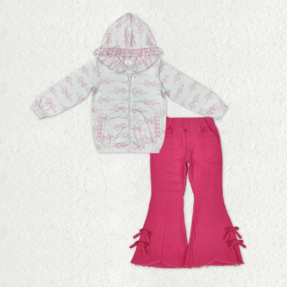 Sibling Baby Girls Pink Bows Zip Pocket Hoodies Jacket Denim Bell Bottom Pants Clothes Sets C11.25