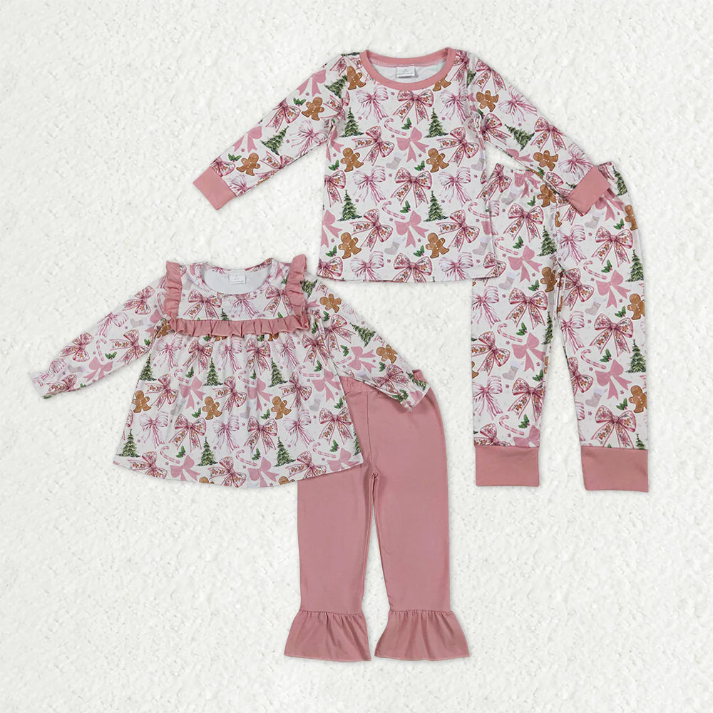 Sibling Baby Girls Pink Bows Gingerbread Trees Top Pants Christmas Pajamas Clothes Sets C10.14