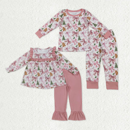 Sibling Baby Girls Pink Bows Gingerbread Trees Top Pants Christmas Pajamas Clothes Sets C10.14
