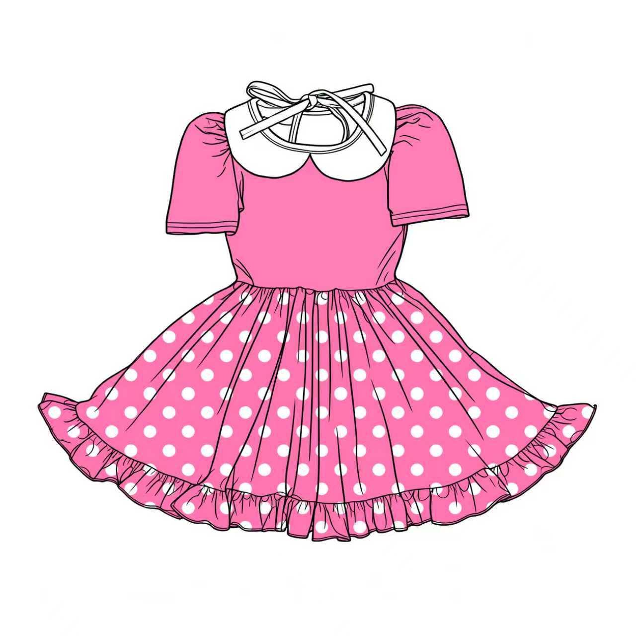 C12.11 Custom Moq 5 Baby Girls Pink Short Sleeve Polka Dots Collar Ruffle Knee Length Dresses