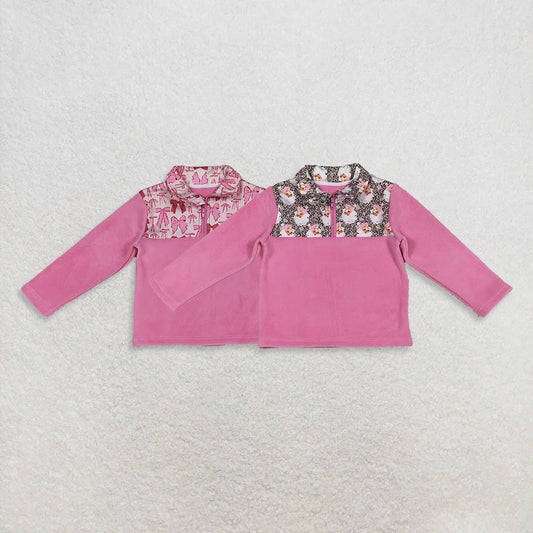 Sibling Baby Girls Pink Bows Plaid Leopard Santa Quatrefoil Zipper Pullover Sherpa Tops C10.14