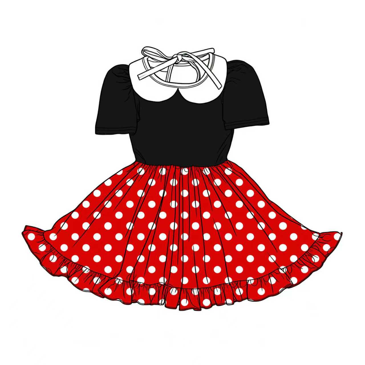 C12.11 Custom Moq 5 Baby Girls Black Red Short Sleeve Polka Dots Collar Ruffle Knee Length Dresses