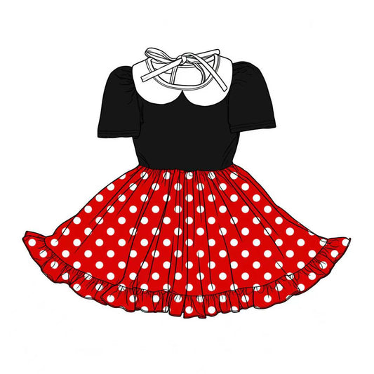 C12.11 Custom Moq 5 Baby Girls Black Red Short Sleeve Polka Dots Collar Ruffle Knee Length Dresses