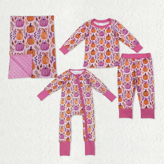 Sibling Baby Kids Hot Pink Pumpkins Floral Pajamas Sets Zipper Footie Rompers Blankets C10.14