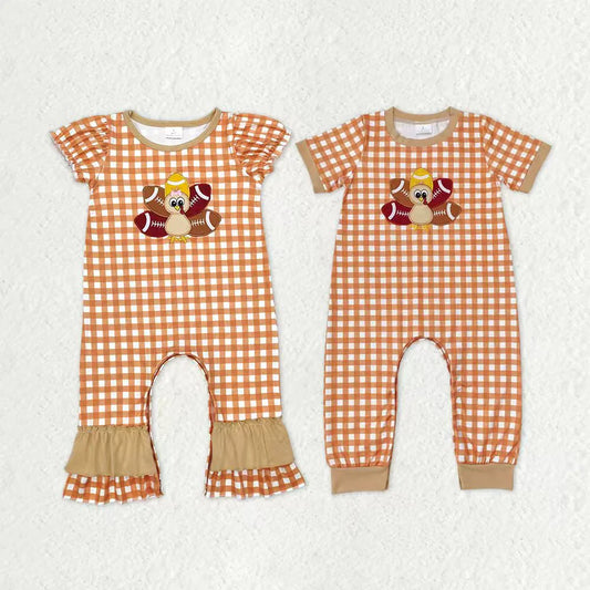 Sibling Baby Boys Girls Embroidery Turkey Footballs Thanksgiving Footie Rompers C11.1