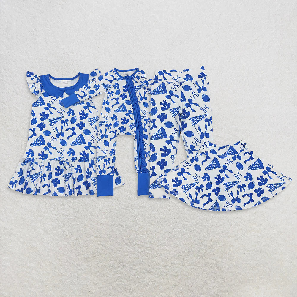 Sibling Baby Girls Blue Bows Footballs Go Team Zipper Romper Dresses Legging Pant Skorts Bottom C10.31