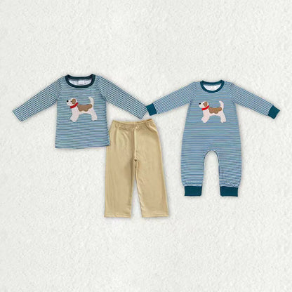 Sibling Embroidery Dogs Baby Boys Blue Stripe Shirt Pants Clothes Sets Footie Rompers C11.1