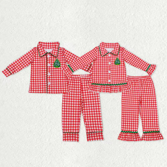 Sibling Baby Boy Girls Embroidery Trees Button Top Pants Christmas Pajamas Sets C11.1