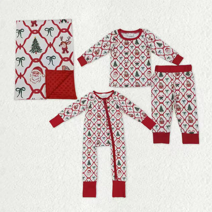 Sibling Baby Kids Trees Bows Checked Christmas Pajamas Sets Zipper Footie Rompers Blankets C10.14