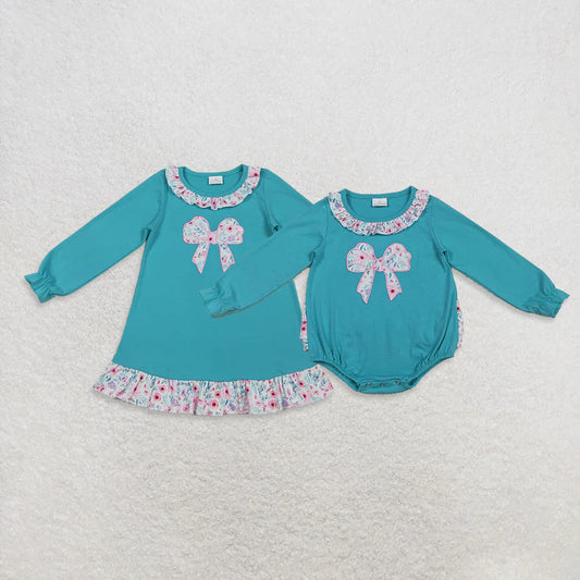 Sibling Embroidery Floral Bows Baby Girls Knee Length Dresses Ruffle Collar Rompers C10.31