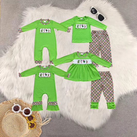 Sibling Baby Boys Girls Embroidery Green Faces Pants Christmas Clothes Sets Footie Rompers C10.11