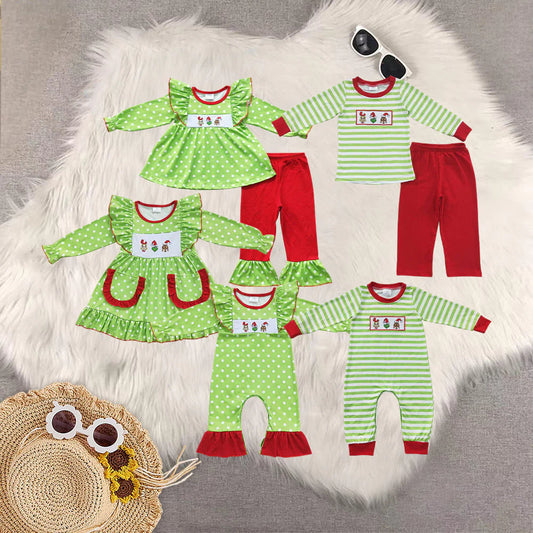 Sibling Baby Boys Girls Embroidery Green Faces Pants Christmas Clothes Sets Footie Rompers C10.11