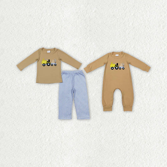 Sibling Embroidery Truck Dogs Baby Boys Khaki Shirt Pants Hunting Clothes Sets Footie Rompers C11.1