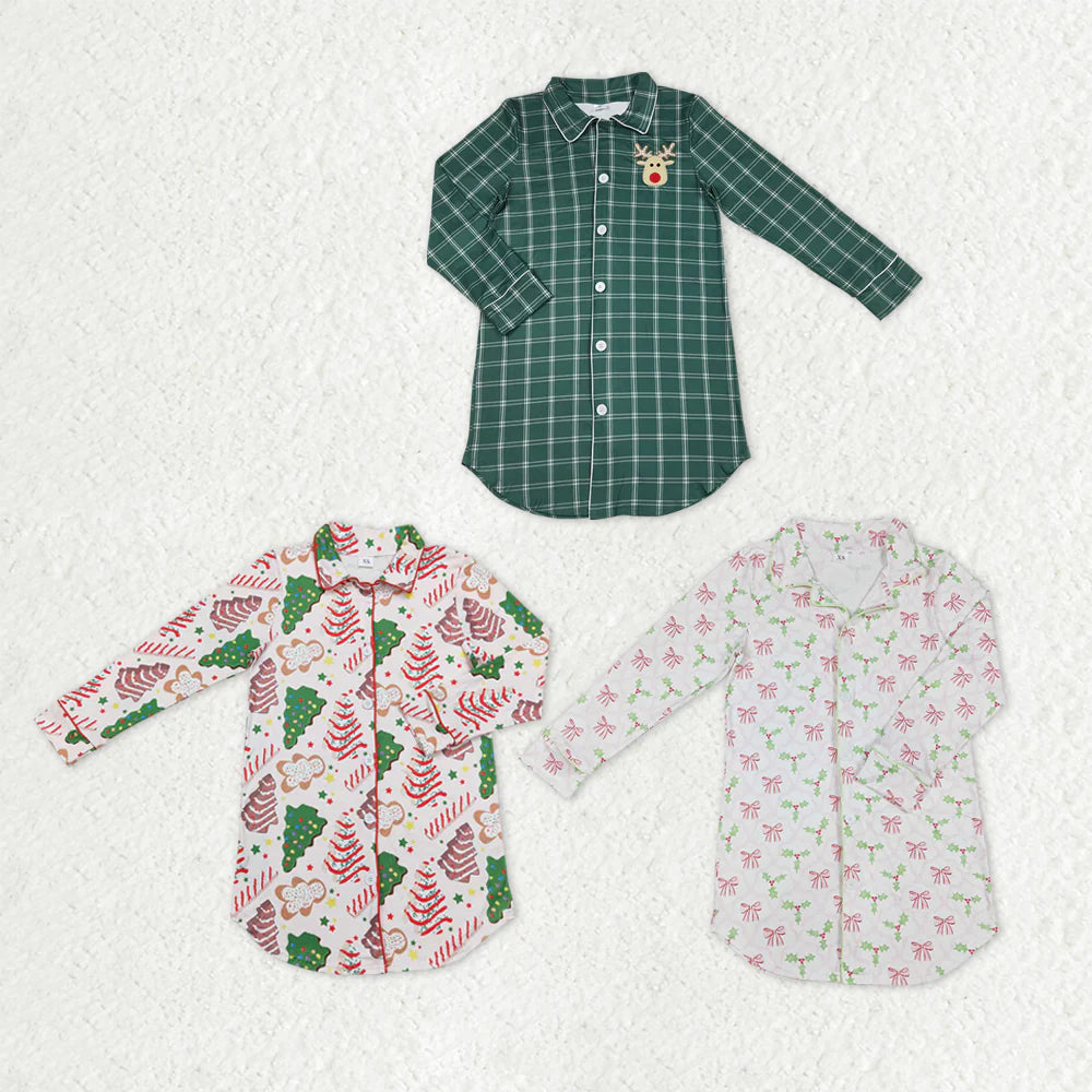 Sibling Adult Women Long Sleeve Gingerbread Holly Deer Christmas Button Shirts Top C11.6