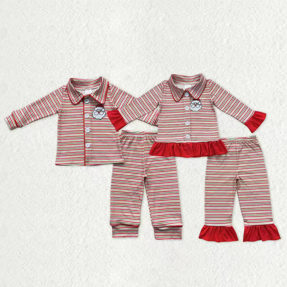 Sibling Baby Boys Girls Embroidery Santa Button Top Pants Christmas Pajamas Sets C11.1