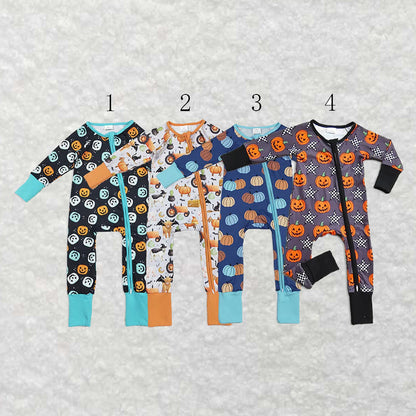 Sibling Baby Girls Colorful Ghost Pumpkins Fall Halloween Zipper Footie Rompers C9.2
