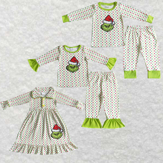 Baby Girls Boys Sibling Dots Green Christmas Pajamas Sets Dresses Clothes