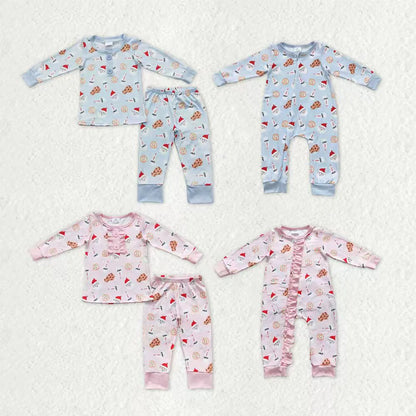 Sibling Baby Kids Cookie Milks Santa Button Top Pants Christmas Pajamas Sets Zipper Footie Rompers C9.30