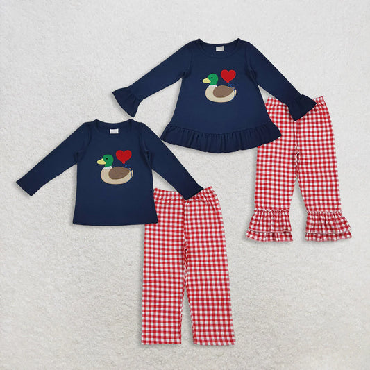 Sibling Baby Boys Girls Embroidery Duck Hearts Top Red Checked Pants Valentine Clothes Sets C11.1