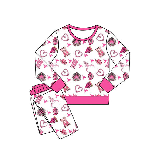 C11.20 Custom Moq 8 Baby Girls Cactus Boots Hearts Pants Western Pajamas Sets