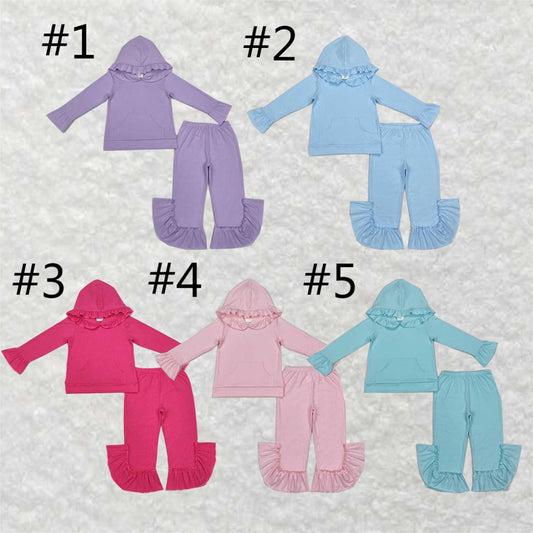 5 Colors Cotton Sibling Baby Girls Hooded Ruffle Top Bell Pants Clothes Sets