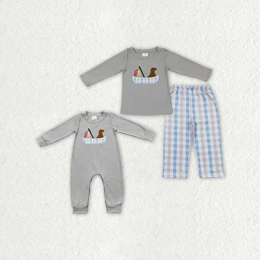 Sibling Embroidery Dogs Fishing Baby Boys Grey Shirt Pants Hunting Clothes Sets Footie Rompers C11.1