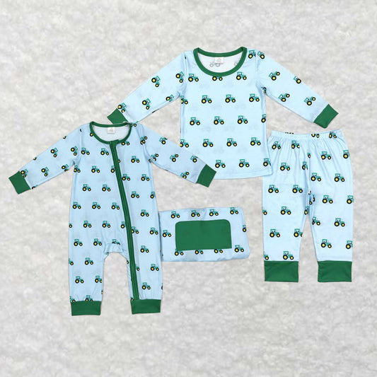 Baby Boys Green Tractors Sibling Bamboo Rompers Pajamas Clothes Sets