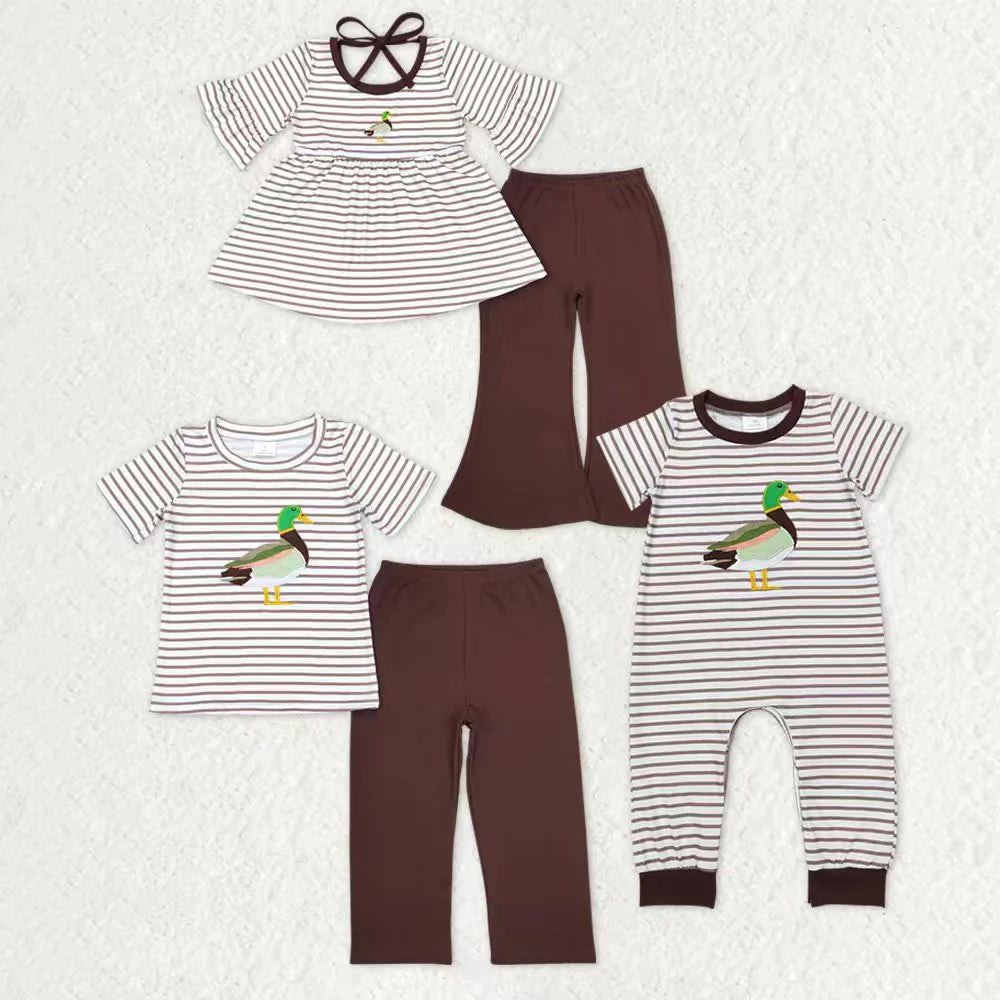 Sibling Baby Boys Girls Embroidery Ducks Stripe Top Hunting Clothes Sets Pant Rompers C11.1