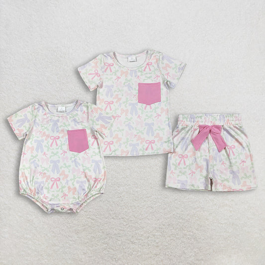 RTS Sibling Baby Girls Colorful Bows Pockets Shorts Clothes Set Ruffle Rompers