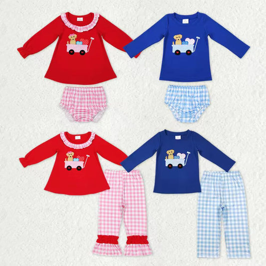 Sibling Baby Boys Girls Embroidery Dogs Trucks Hearts Pants Bummies Valentine Clothes Sets C11.6
