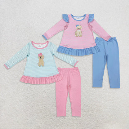 Sibling Baby Girls Embroidery Bows Dogs Stripe Tunic Leggings Pants Valentine Clothes Sets C10.24
