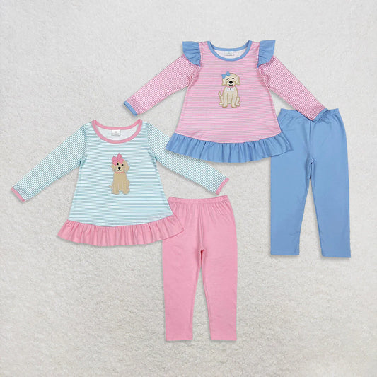 Sibling Baby Girls Embroidery Bows Dogs Stripe Tunic Leggings Pants Valentine Clothes Sets C10.24
