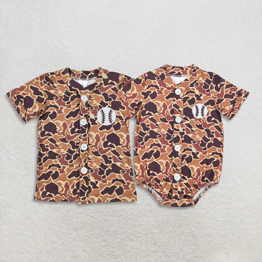 Embroidery Baseball Baby Boys Brown Camo Button Team Short Sleeve Shirts Tops Rompers C11.1