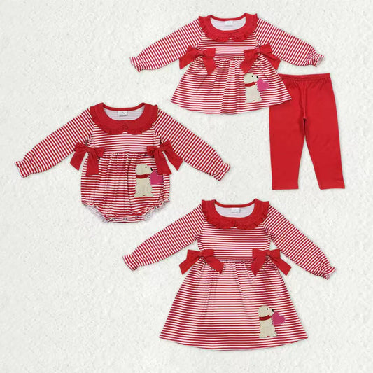 Sibling Baby Girls Red Stripes Bows Embroidery Dog Hearts Valentine Clothes Sets Dress Romper C11.6