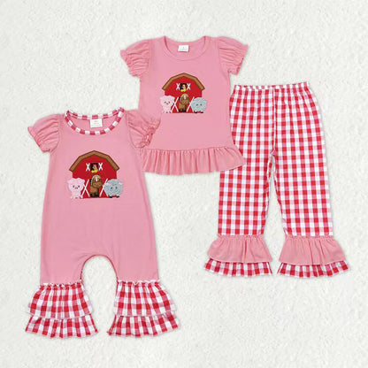 Sibling Baby Girls Embroidery Farm Ruffle Pants Clothes Sets Footie Rompers C10.31