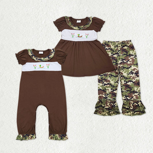Sibling Baby Girls Embroidery Ducks Tunic Ruffle Pants Hunting Clothes Sets Pant Rompers C11.1