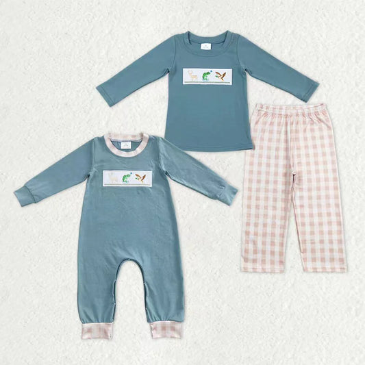 Sibling Baby Boys Embroidery Deer Fish Ducks Top Checked Pants Hunting Clothes Sets Pant Rompers C11.1