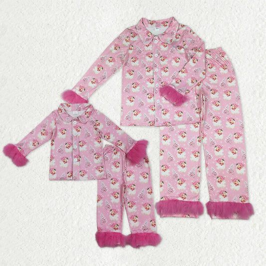 Mama and Me Pink Trees Santa Button Top Pants Christmas Fur Sleeve Pajamas Sets C10.28