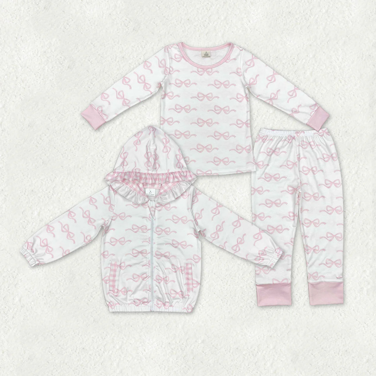 Sibling Baby Girls Pink Bows Plaid Bamboo Pajamas Set Pockets Zipper Hoodies Jacket C11.1