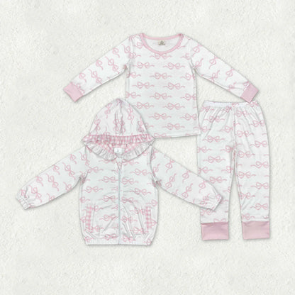 Sibling Baby Girls Pink Bows Plaid Bamboo Pajamas Set Pockets Zipper Hoodies Jacket C11.1